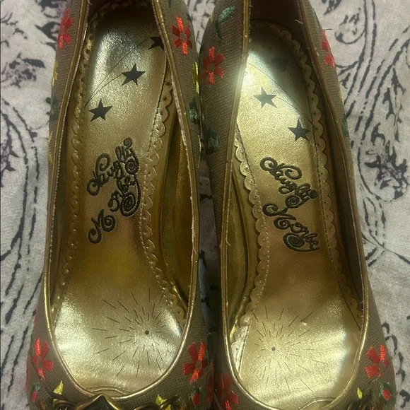 Y2K Naughty Monkey Flower embroidery Floral Peep Toe Heels Spring Wood - Picture 3 of 6